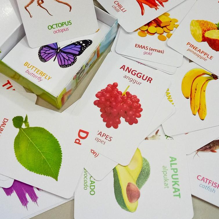 ☝ FlashCard 96 Kartu Edukasi - Huruf, Angka, Hewan, Warna Buah, Sayur 2 Bahasa Indonesia dan Inggris