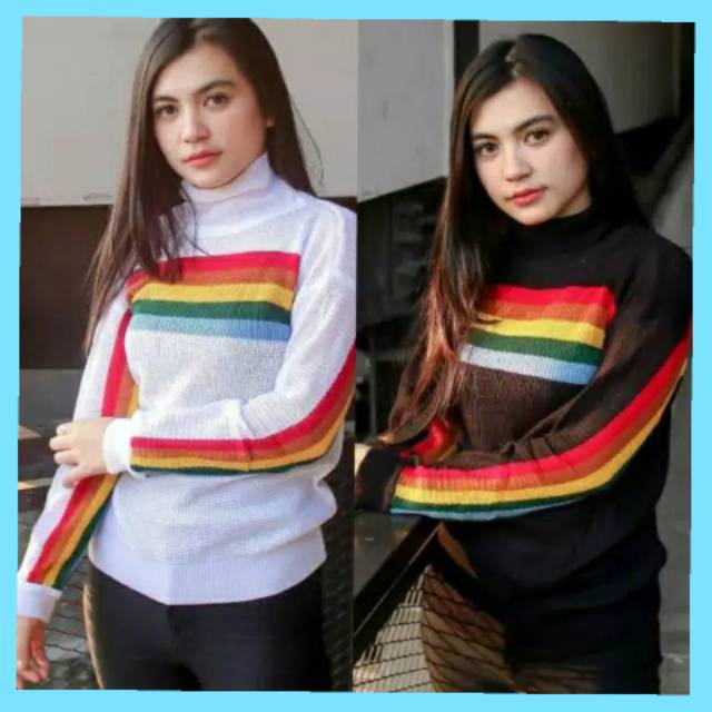 SWEATER WANITA MURAH RAINBOW SWEATER HOODIE WANITA BAHAN RAJUT TEBAL LEMBUT BAJU KAOS
