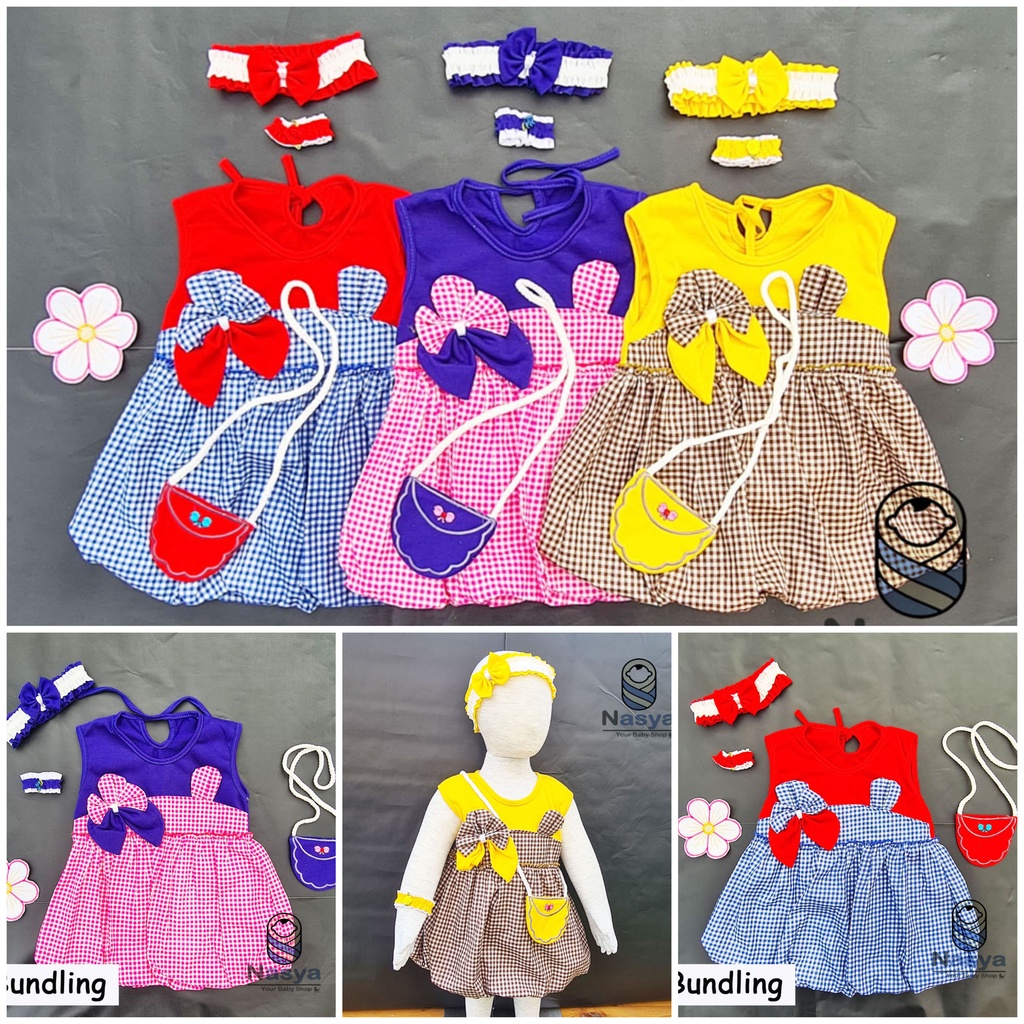 [P-044B] Dress Bayi Anak Lucu Usia 0-6 Bulan Full Set Bandana, Gelang dan Tas