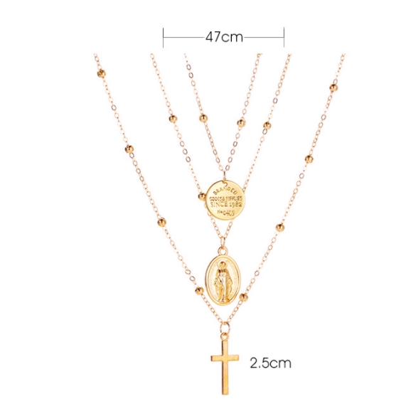 Kalung Liontin Logam Yesus Fashion Lintas Kalung Multi-Layer Kalung 3 Layer