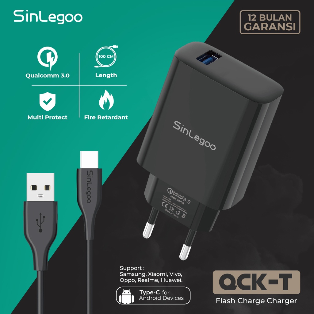 KHANZAACC SINLEGOO QCK-T Charger Qualcom 3A Fast Charging Include Kable Type-C