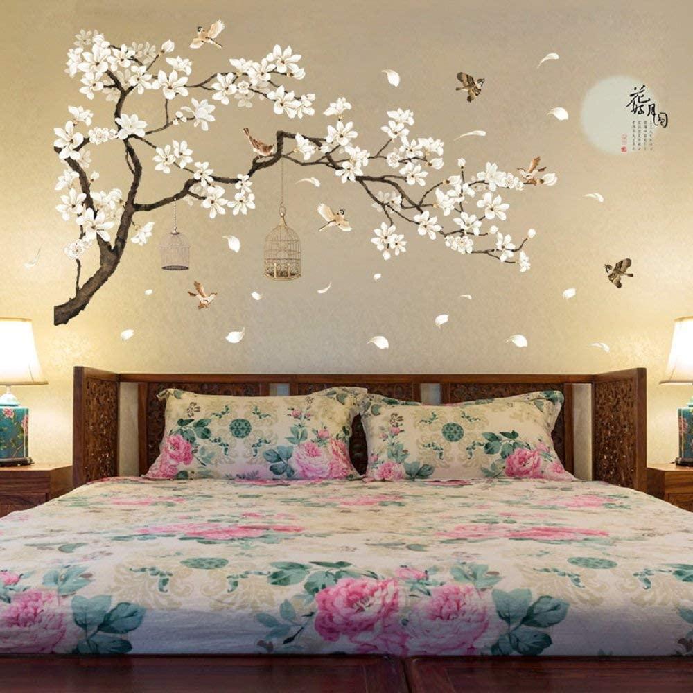 Nickolas1 Stiker Dinding Bulan Purnama Kamar Tidur Removable Dekorasi Rumah Bunga Putih Gaya Cina Decals