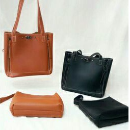 More584 Tas Bahu Wanita Olie Tote Bag PU Black Brown Totebag / Shoulderbag Polos Import Coklat hitam