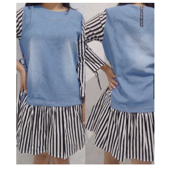 Tunik jeans kombinasi salur