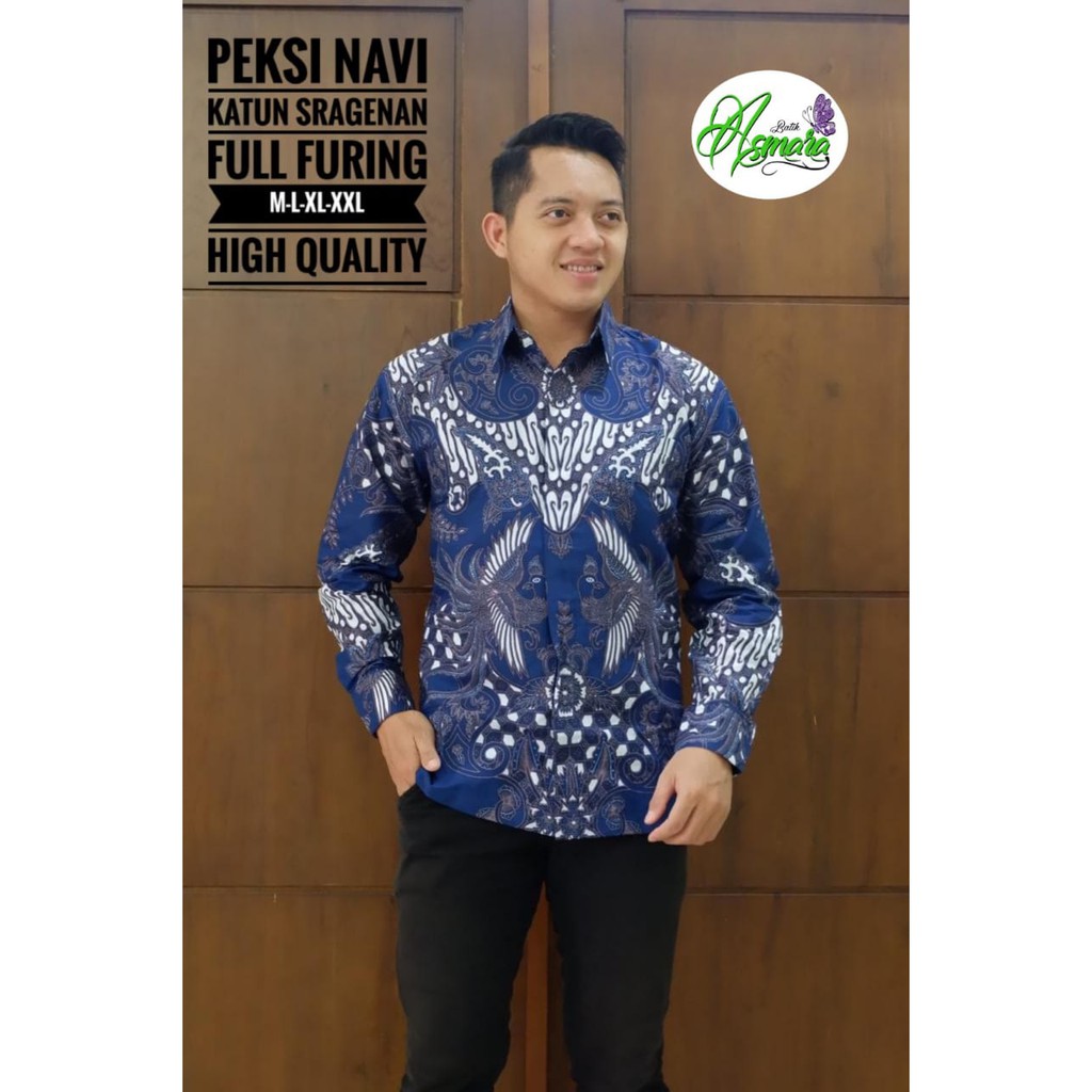 Atasan Kemeja Baju Batik Pria Lengan Panjang PREMIUM Modern LAPIS FURING PEKSI NAVI ASMARA