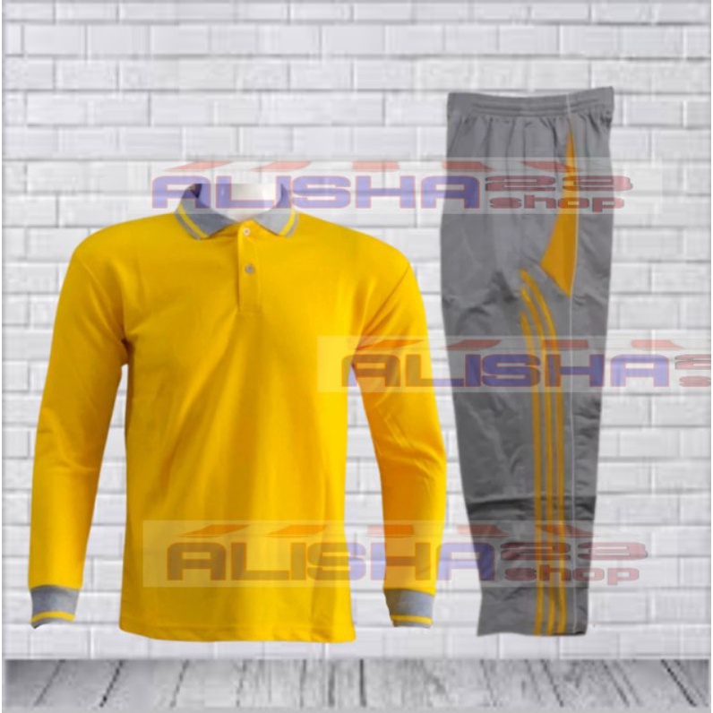 Setelan Kaos kerah lengan panjang turkis abu / stelan training kaos berkerah kuning abu lengan panja