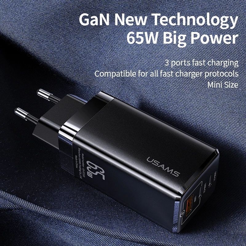 Usams Gan 65W Fast Charger MacBook laptop hp Dual Quick USB C Port &amp; USB A