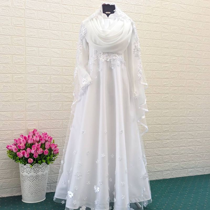 Gaun Walimah Syari / Gaun Akad Muslimah Putih / Gaun Pengantin Syari / Gamis Gaun pengantin Murah