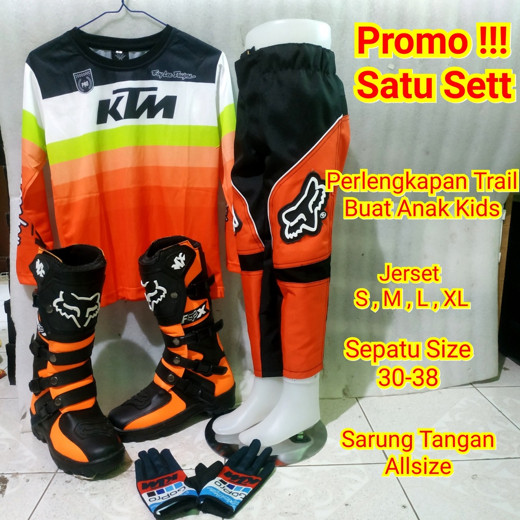 baju traill stelan anak offroad sepatu cross satu sett jersey sarung tangan ORANGE