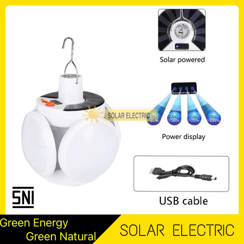 Lampu LED Gantung Tenaga Matahari Surya Solar Panel Portable Lantern Camping Bola 4 Arah Outdoor Waterproof