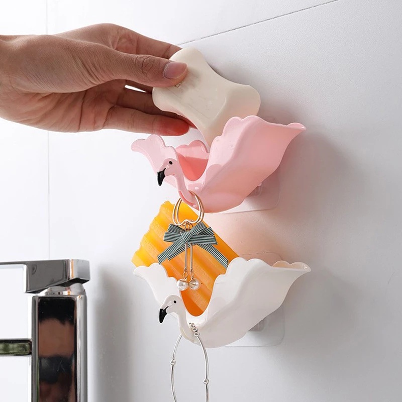 [Perforation-free Wall-mounted Flamingo Drain Soap Dish With Hooks] [Kitchen Dish Sponge Drain Storage Rack] [Kitchen &amp; Bathroom Accessories]