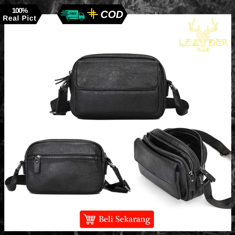 Tas Selempang Kulit Cowok Import Original Distro Keren Model Terbaru 2021 Warna Hitam Berkualitas