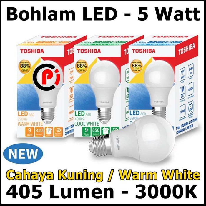 Toshiba Bohlam Lampu LED Cahaya Warna Warm White Kuning 5 Watt 5W