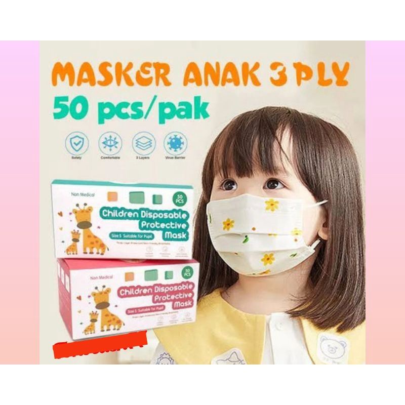 Medan Termurah (Box Isi 50 Pcs) Masker 3ply Motif lucu anak laki perempuan unisex