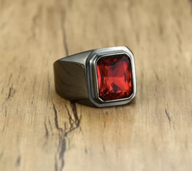 Cincin Pria Octagon Red Ruby Akik Merah Garnet Cutting Mewah Ring Black Titanium Stainless Steell