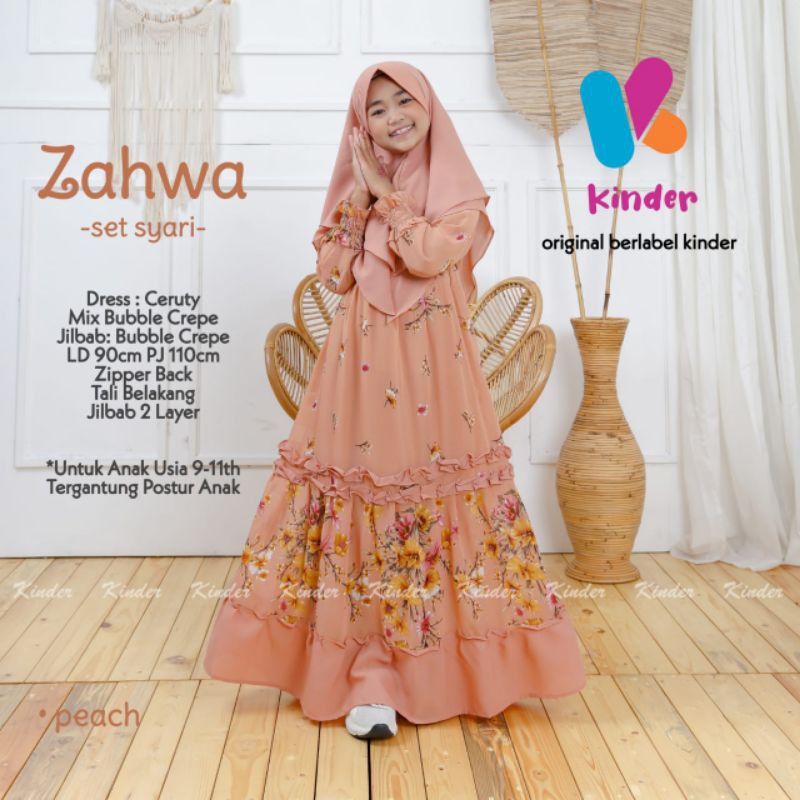 Zahwa syari Set by Kinder/Gamis anak muslimah/Gamis cantik usia 9-11 tahun/Gamis anak free Hijab