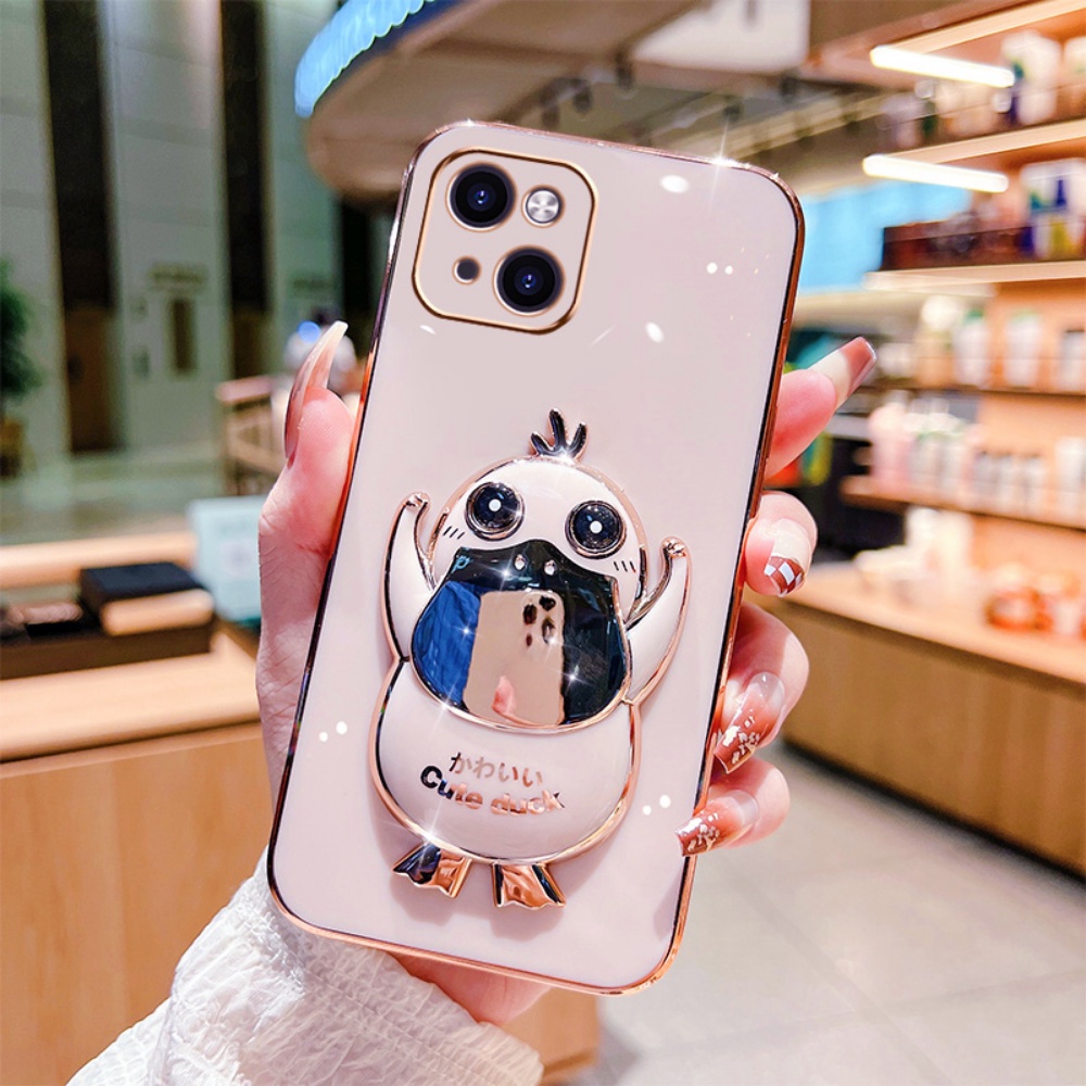 Cute Psyduck Case for iPhone 14 Pro Max iPhone 14 Plus iPhone13 iPhone12 iPhone11 Xs Cases Plating Duck Folding Stand Holder Rubber Soft Phone Cover