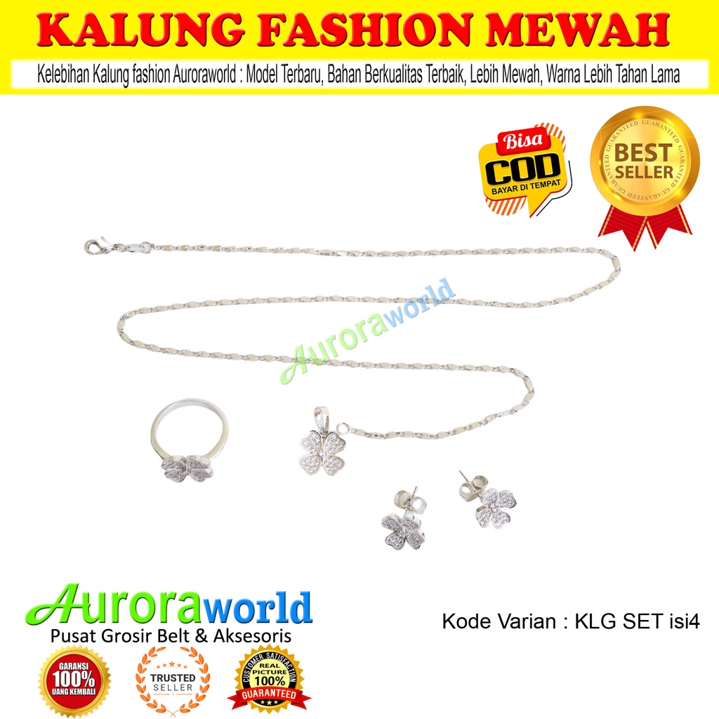 Set perhiasan lapis emas putih kalung giwang cincin 4 clover leaf