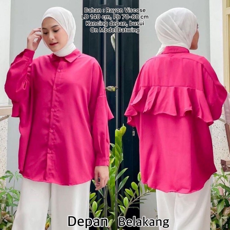 MONOCHROME OVERSIZE BLOUSE MOTIF - ATASAN RAYON FULL KANCING JUMBO / ATASAN RAYON KOMBINASI-RUFFLE BACK FUSHIA