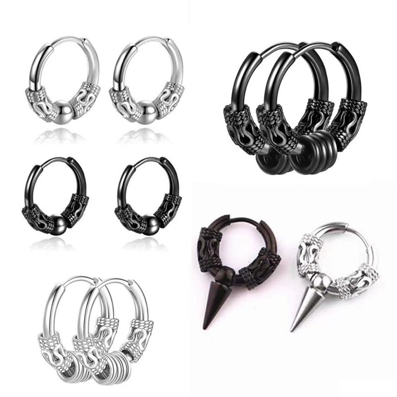 Anting Stud Liontin Bulat Bahan Stainless Steel Lapis Perak Gaya Punk Hip-Hop Untuk Pria
