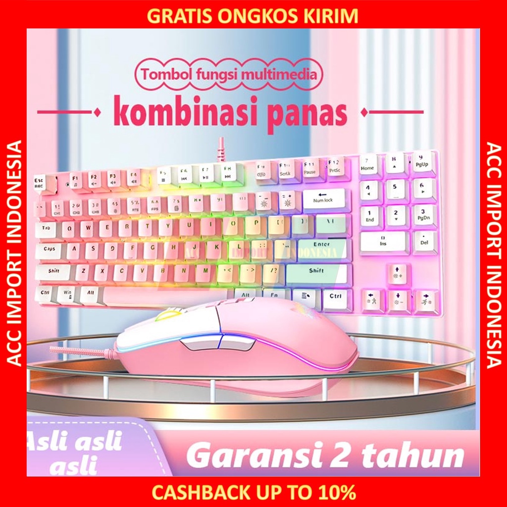 Onikuma Keyboard Mouse Bundle Cewek Cute Putih Combine Pink LED Wired