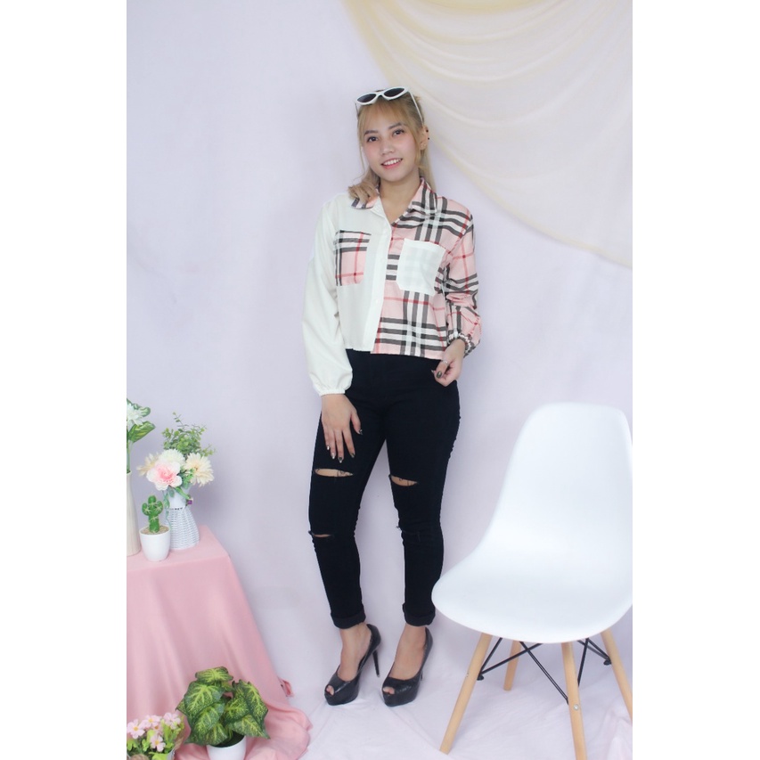 RX Fashion - Mika Crop Top Blouse // Shirt Top Tartan Two Tone // Kemeja Olive ( SPECIAL SALE - GRATIS ONGKIR )  - GA-6