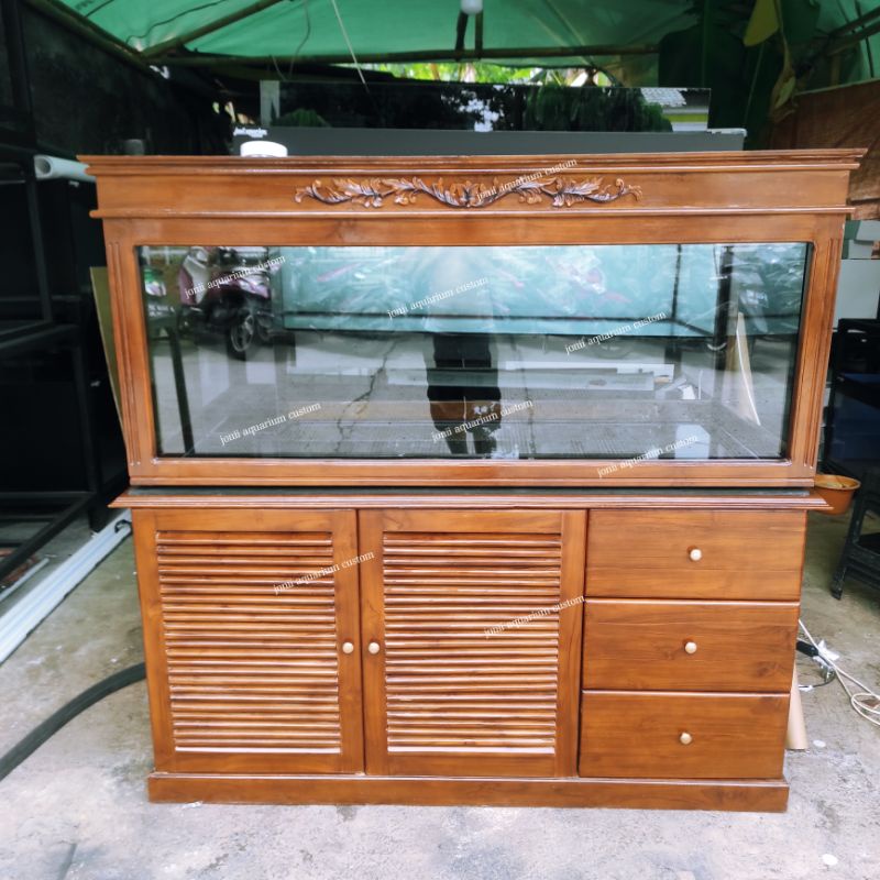 aquarium 150x60x60 10mm set meja jati jepara full set