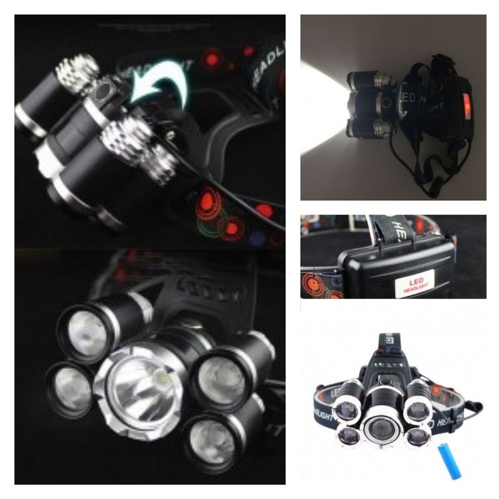 Headlamp 5 Light Lampu Senter Kepala 40.000 Lumens USB Charge 111107