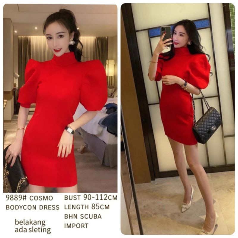 MDLV ~ 9889 Cosmo Bodycon Dress Women Puff Dress Premium Dress Import Scuba Dress Korea Dress Bodycon Best Seller Fashion Import