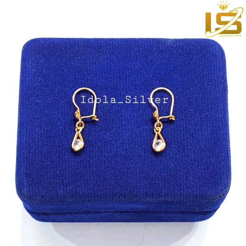 ANTING PERAK ASLI SILVER 925 LAPIS EMAS MODEL KAIT GANTUNGAN OVAL 1 PERMATA - PERHIASAN PERAK WANITA