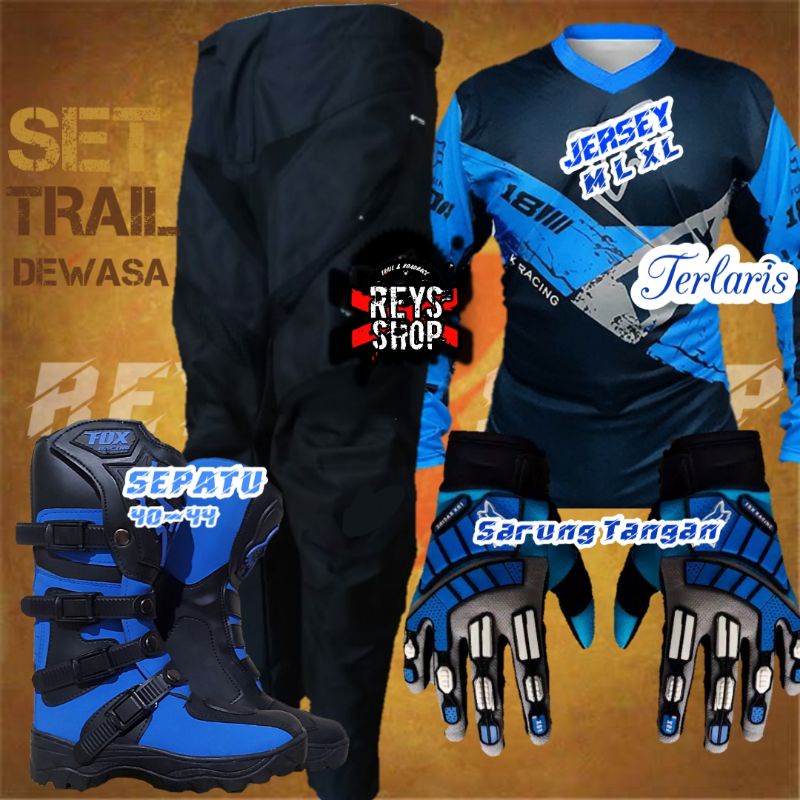 ( SET TRAIL BIRU ) SETELAN BAJU TRAIL CROSS set LOKAL sepatu Jersey celana glove cross trail