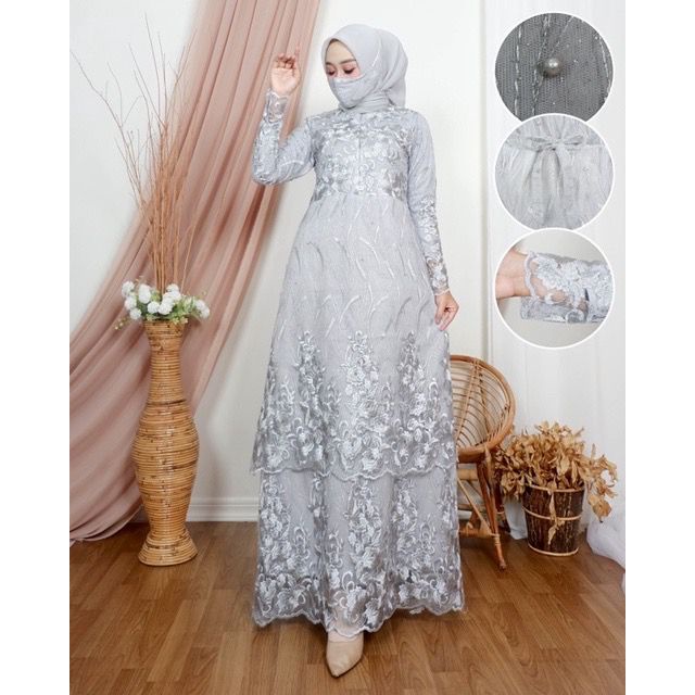 Davira (New Product)Dress Susun Full Brukat Free Masker/Busui Friendly / Gamis Pesta Kondangan/Bridesmaid/Tille Mewah