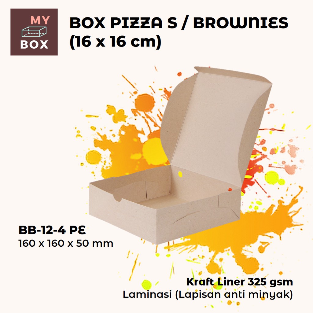 

BOX DUS KARDUS KOTAK PIZZA KUE ROTI BROWNIES (S) BB-12-4 PE 16x16x5 cm KRAFT 325 gsm LAMINASI