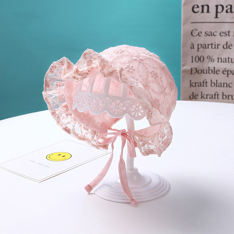 Topi Bayi Perempuan Bahan Lace Breathable Aksen Bunga Untuk Musim Panas/Properti Fotografi-1  Double layer