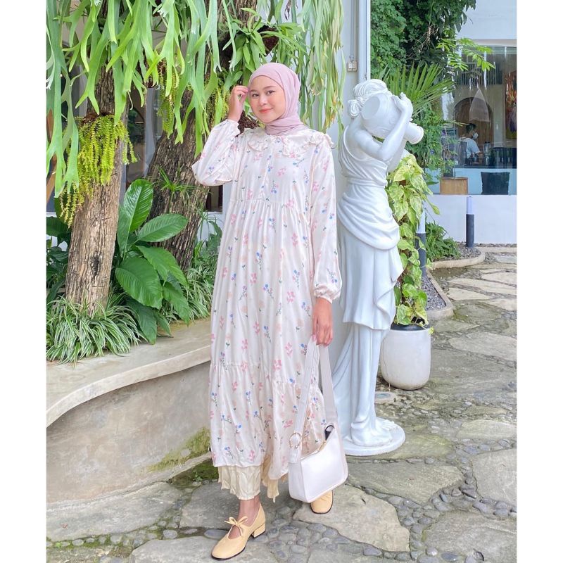 CHIKI MIDI DRESS TUNIK PREMIUM / DRESS WANITA / WARNA PUTIH DUSTY / MONOCHROME FASHION