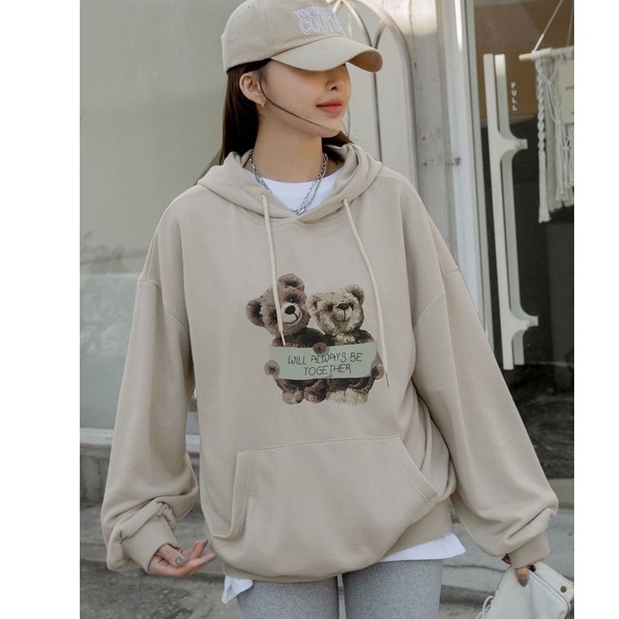 TWINS BEAR SWEATER HOODIE OVERSIZE WANITA BAHAN FLEECE