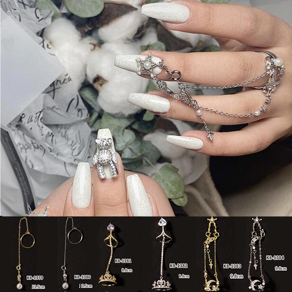 Mxbeauty Perhiasan Cincin Kuku Emas Perak Mahkota Liontin Rumbai Logam Zirkon Nail Art Dekorasi