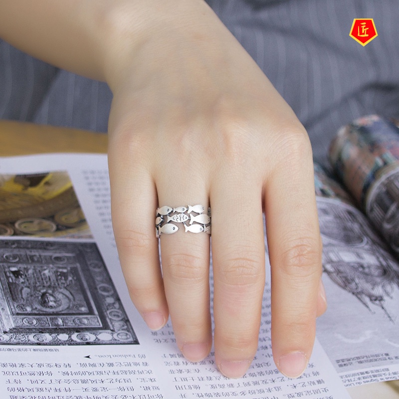 [Ready Stock]925 Silver Retro Fish Wide Ring Cute Personality