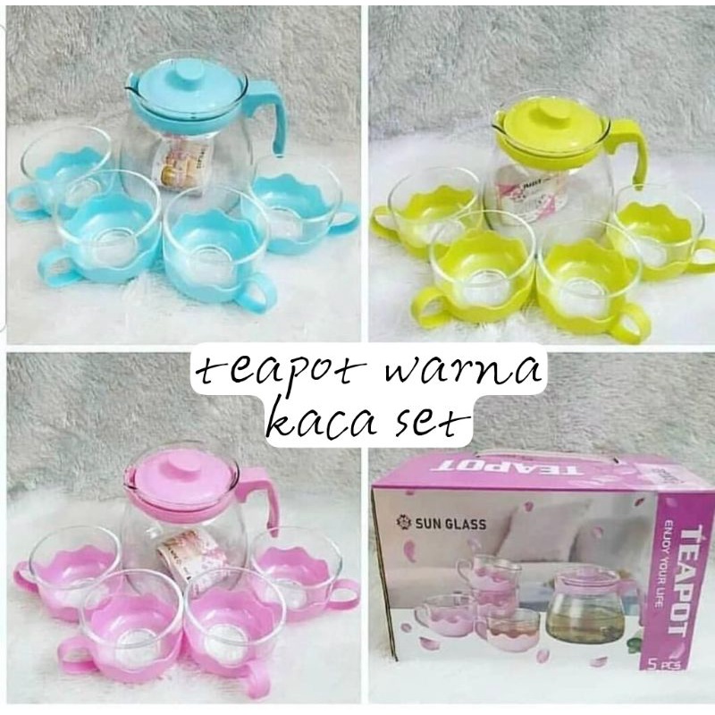 teapot kaca warna set teko 4 gelas