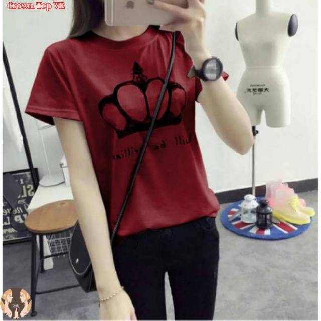 Crown Top VE blouse blus Wanita Jepang Korea Trendy Modern terkini spandek spandex merah navy maroon
