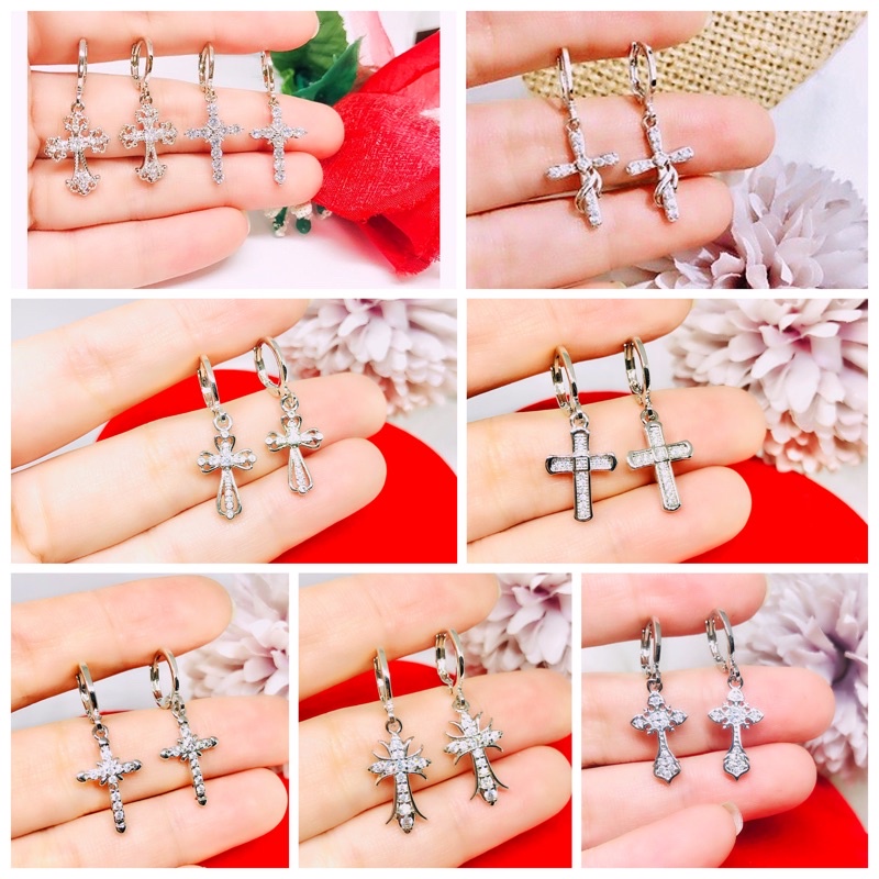 Anting salib putih permata Xuping dewasa