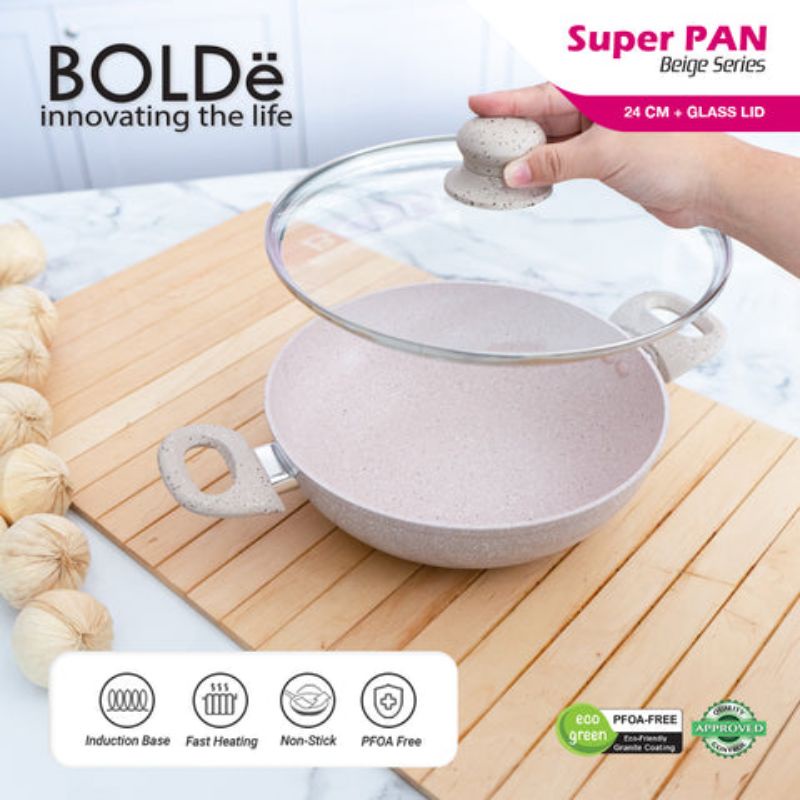 Super PAN Ear Wok ( Wajan ) 24 cm + Glass Lid Beige Original BOLDe