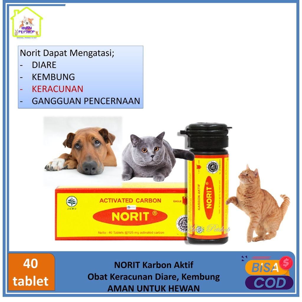 Obat Diare Kucing NORIT obat diare aman untuk anjing &amp; kucing atasi keracunan, kembung dan diare - Norit Karbon Aktif Isi 40tablet