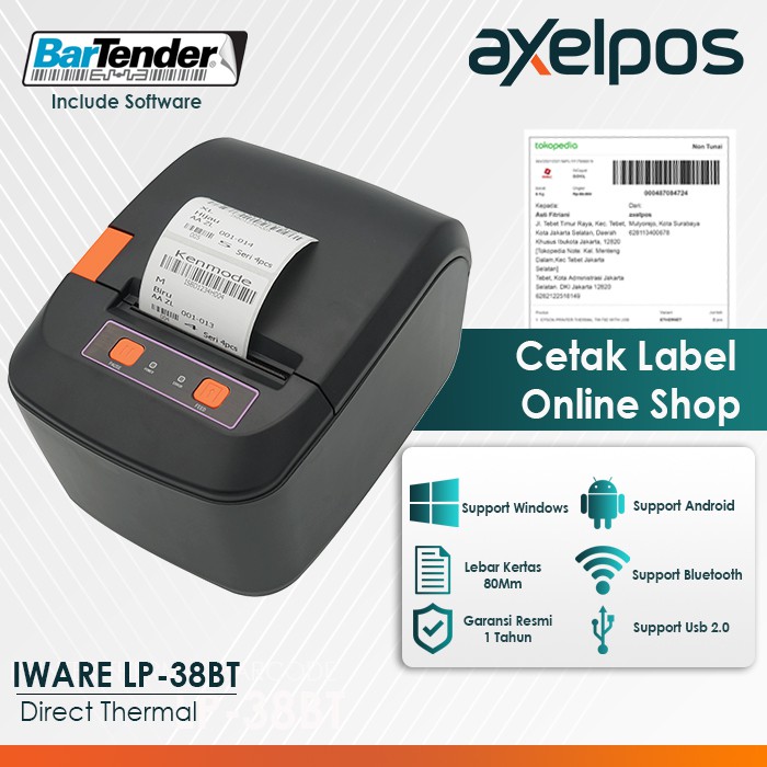 BARCODE PRINTER THERMAL LABEL ALAMAT IWARE LP-38BT 80MM USB - BLUETOOTH