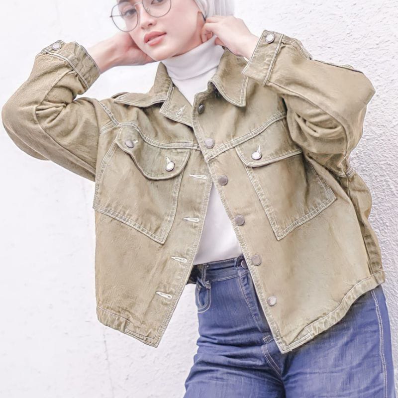 Jaket Jeans Oversize LD 110 - 150 // Jaket Jumbo Saku Wanita Sandwash Denim Premium-ALMA CREAM POLOS 120