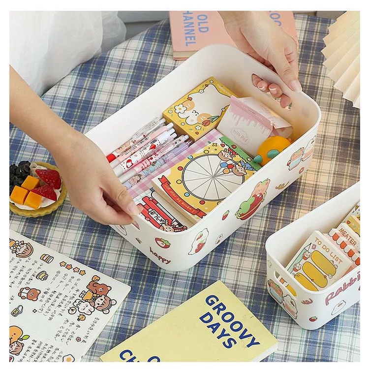[littlecrab] Rak Barang Putih Polos Kotak Penyimpanan Aesthetic Tempat Penyimpanan Pegangan Kiri Kanan Room Desk Organizer Berkualitas Stationary Kit Lucu Unik