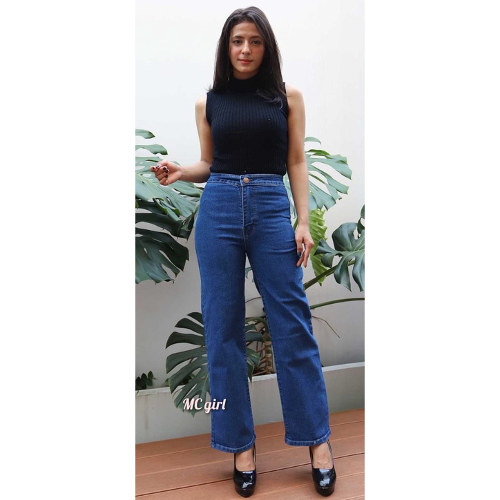 ( Size 27 - 34 ) MC girl - Kulot Highwaist Jeans Wanita / Celana Jeans High Waist Kulot Panjang Stret / Celana Jeans Pinggang Tinggi Kaki Lebar Warna Biru Tua