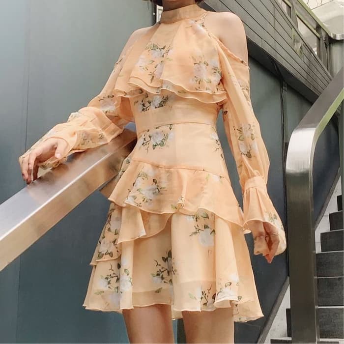 Dress Off Shoulder Wanita Korea Panjang Lengan Ruffle Chiffon Floral