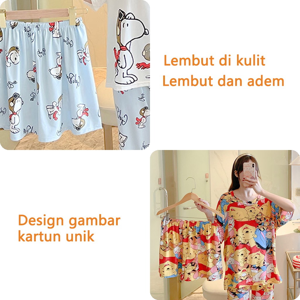 Baru set Baju Tidur Wanita Dewasa Oversize Piyama Bahan Kaos Celana Panjang & Pendek Setelan Baju Tidur 3IN1 Setelan Piyama-4