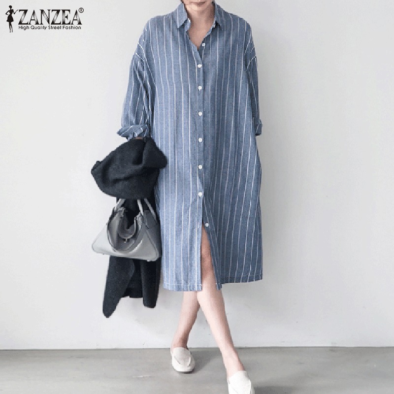 ZANZEA Women Fashion Casual Full Sleeve Cotton Stripe Printed Retro Elegant Midi Dress